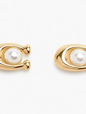 NEW Coach Gold Tone Signature C Logo Imitation Pearl Stud Classic Prep Earrings